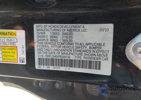 2023 Honda Civic Sport z USA, uszkodzony, nr VIN 19XFL2H8XPE009734